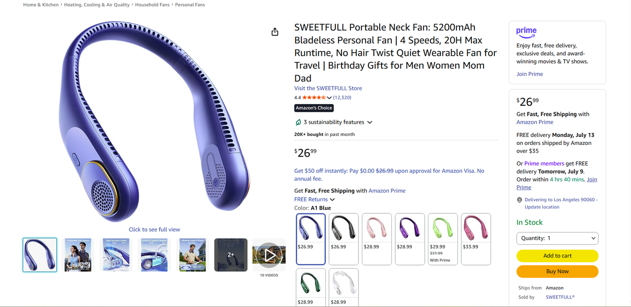Amazon Neck Fan listing showing customer ratings and monthly sales