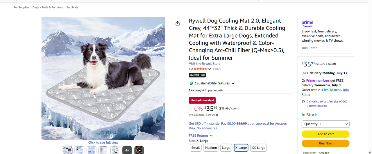 Amazon Pet Cooling Mat listing with customer reviews and purchase volume