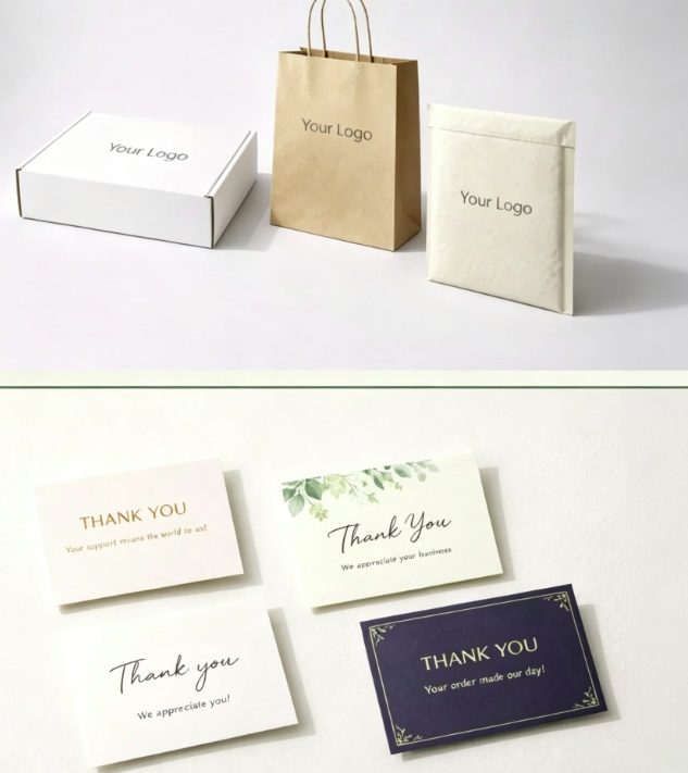 Yoofar custom branded packaging, custom box, paper bag and thank you card for POD dropshipping business