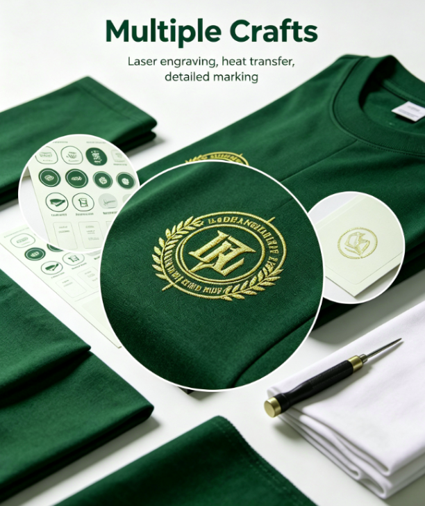 Yoofar multiple printing crafts for POD apparel, laser engraving and heat transfer custom logo on clothing