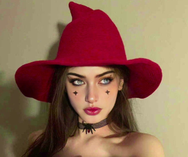 **Wide brim red witch hat for women, Halloween costume accessory, party cosplay hat for Yoofar dropshipping** **Caption：Halloween Witch Hat**