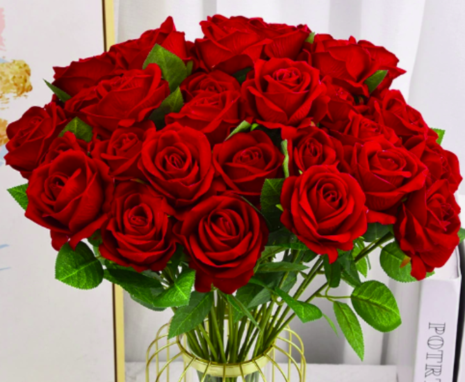 Vibrant artificial red rose bouquet with green leaves, wedding and home decorative flower for Yoofar dropshipping, seasonal decor and gift choice