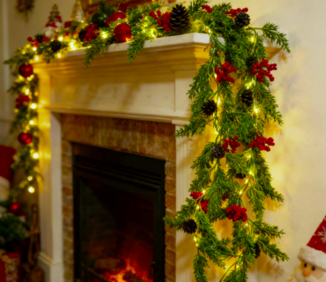 Pre-lit artificial Christmas garland with pine, red berries and warm lights, fireplace holiday decor, Yoofar dropshipping Q4 home decoration