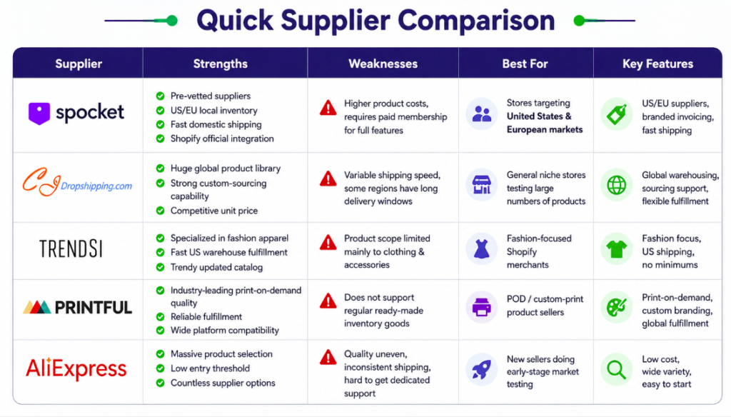 Dropshipping supplier comparison checklist table for store owners