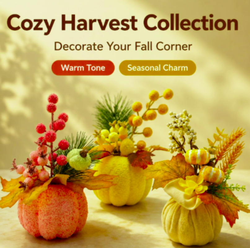 Cozy Harvest Collection banner with decorative pumpkins, autumn leaves and berry decor, Yoofar fall seasonal dropshipping collection graphic