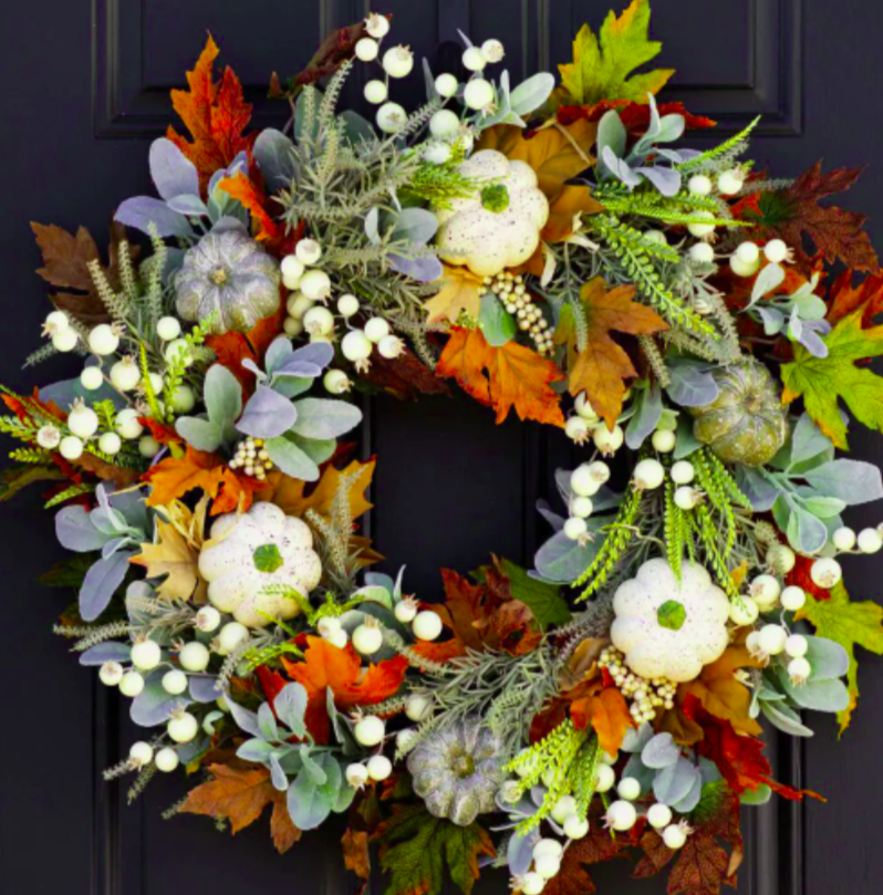 Autumn front door wreath with maple leaves, white daisies and mixed seasonal foliage, Yoofar fall home decor dropshipping product